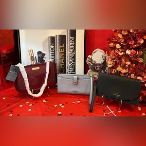 NWT KATE SPADE BURGUNDY CLUTCH & GLITTERY BLACK CLUTCH/LIGHT BLUE WALLET BUNDLE